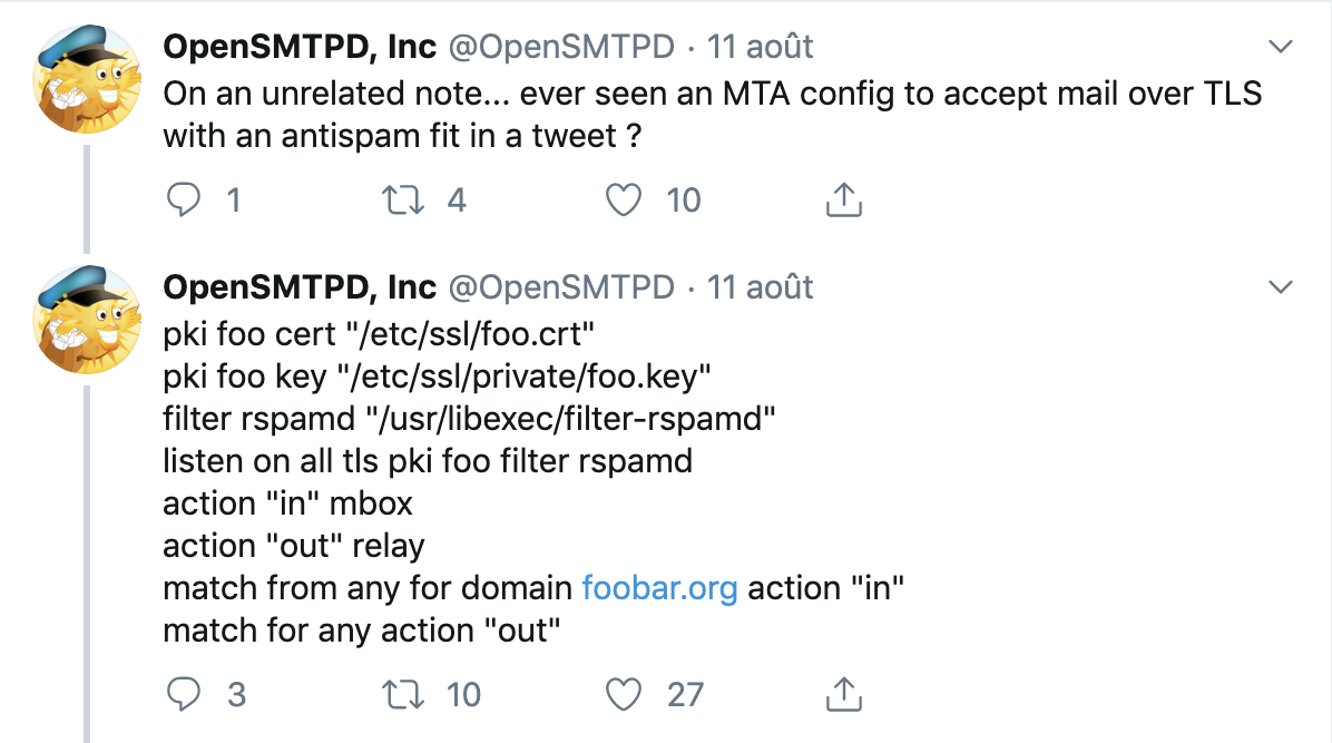 OpenSMTPD config fitting in a tweet
